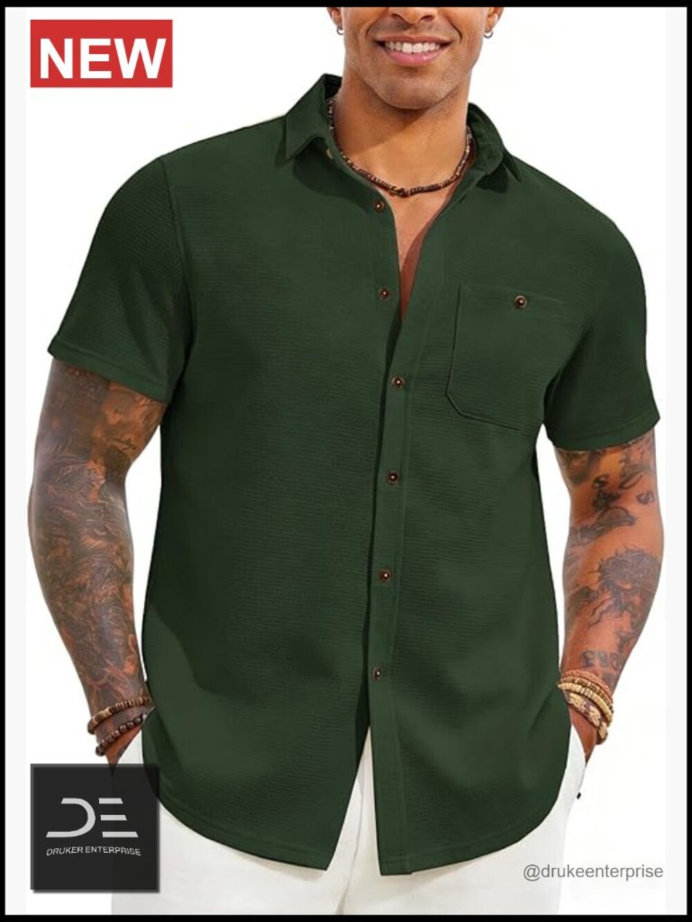 Men's Short Sleeve Waffle Knit Button Down Shirt with Pocket